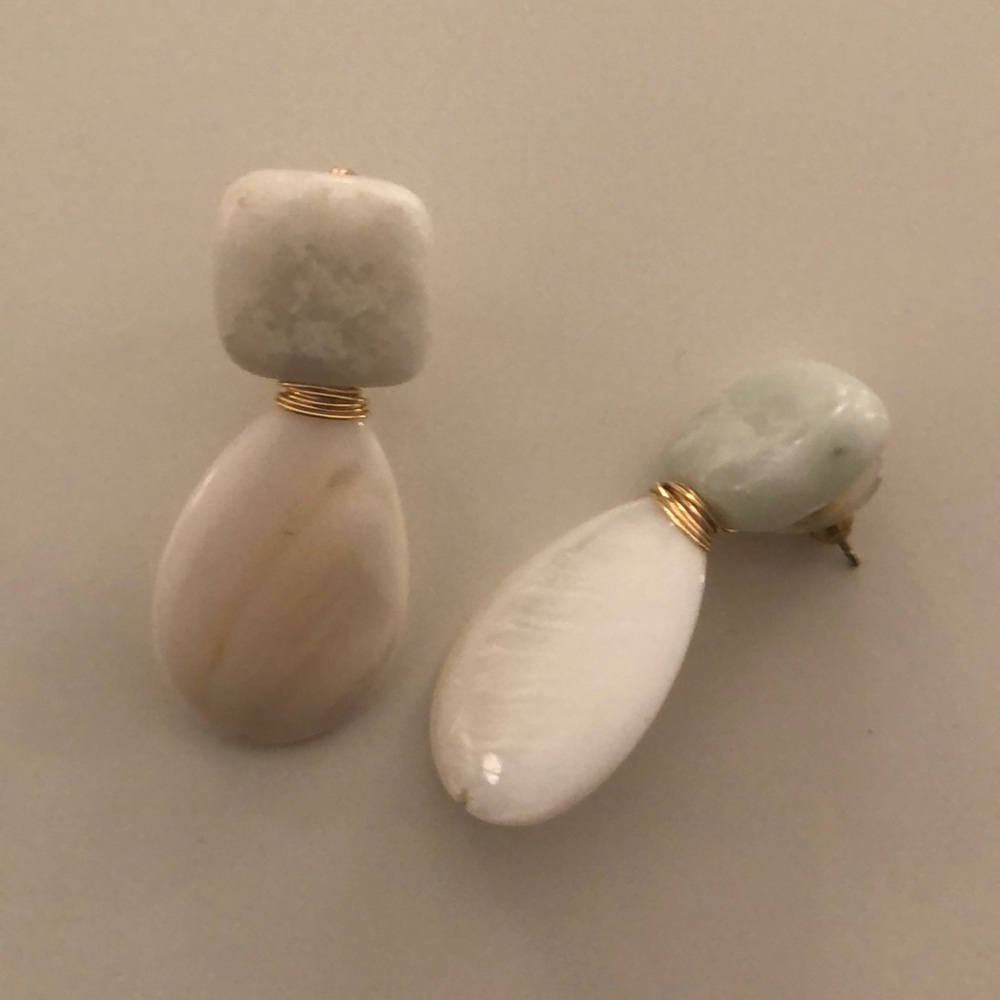 Handmade 1.5 inch earrings. Large white Pearl stone and upper greenish square